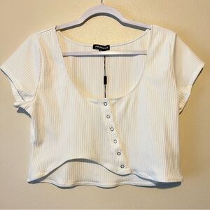 NWT Dolls Kill Poster Grl Brand White Ribbed Asymmetrical Button-Up Top